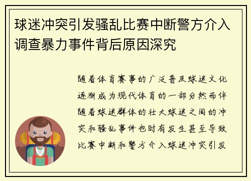 球迷冲突引发骚乱比赛中断警方介入调查暴力事件背后原因深究