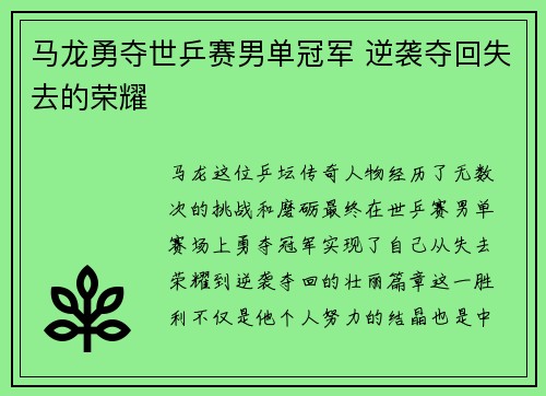 马龙勇夺世乒赛男单冠军 逆袭夺回失去的荣耀